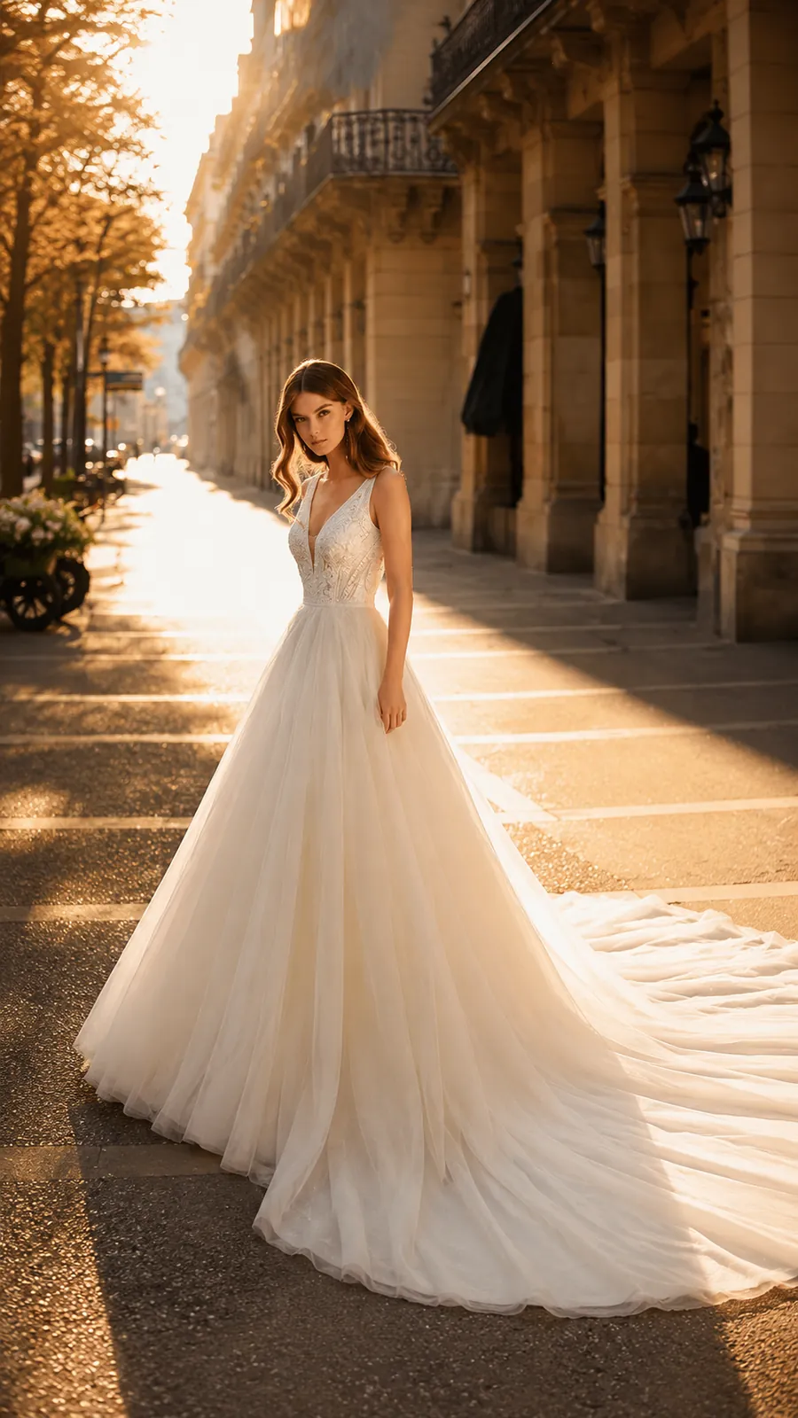 Novia con vestido de tul y escote en V bajo unos soportales al atardecer