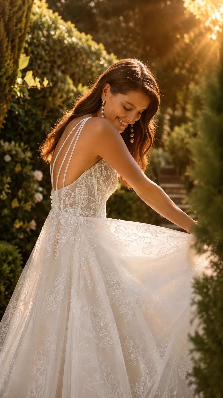Novia sonriendo en un jardín con vestido de encaje y espalda descubierta